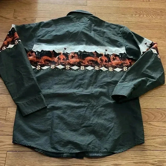 [YXL18/Adult M]Panhandle  Western Print Snap Button Down L/S Olive Green Shirt - Picture 8 of 8